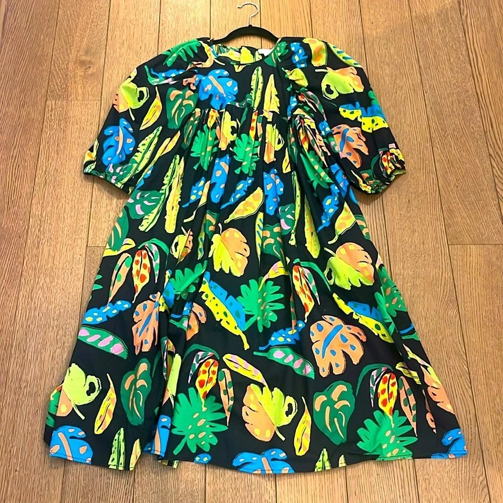 Stella McCartney Palm Leaf Print Puff Sleeve Dress